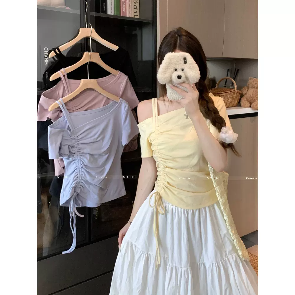 2025新款设计感斜领露肩抽绳上衣女夏季新款小众别致收腰显瘦T恤