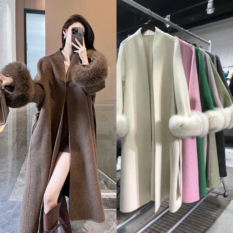 High-End Double-Sided Cashmere Outwear, Autumn and Winter Double-Sided Woolen Outwear, Imported Fox Fur Cuffs, Removable