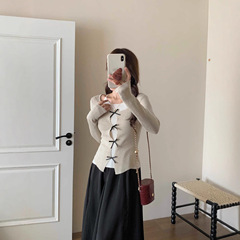 美式纯欲辣妹撞色蝴蝶结针织衫女早秋季假两件修身内搭打底衫上衣