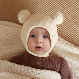 婴儿针织帽子秋冬款宝宝毛线珊瑚绒可爱童护耳男童女童冬季一件热