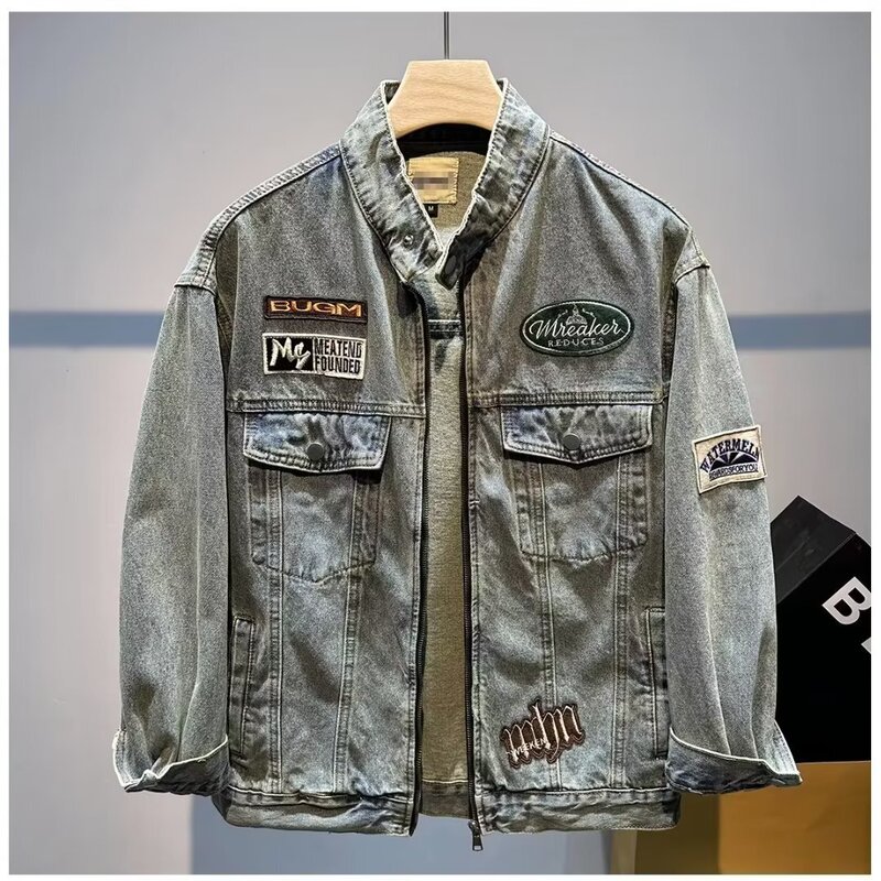 Trendy American Motorcycle Style Embroidered Stand Collar Denim Jacket for Men, High-End Autumn Distressed Street Versatile Jacket Trend