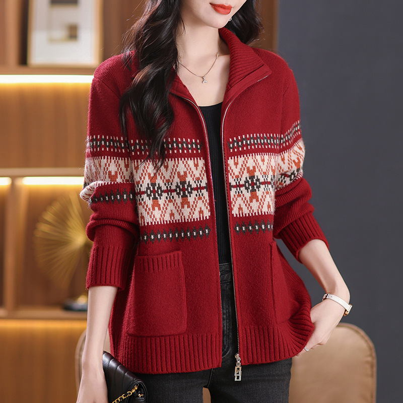 Casual Loose Jacquard Sweater Coat Women's 2024 Autumn and Winter New Fashion Zipper Knitted Cardigan Outer Top Casual Loose Jacquard Sweater Coat Women's 2024 Autumn and Winter New Fashion Zipper Knitted Cardigan Outer Top