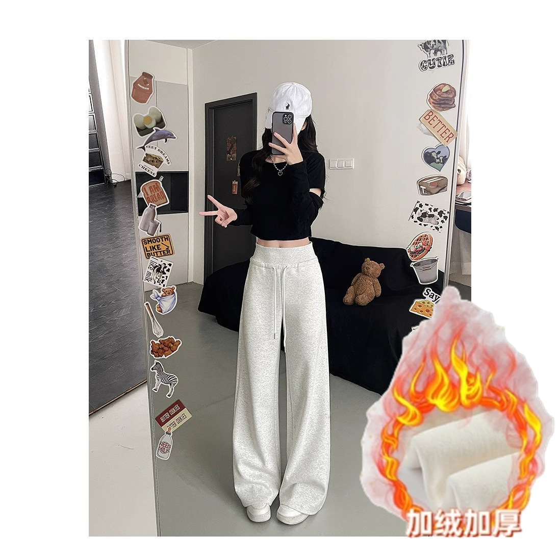 抖音品質の裏起毛ハイウエストスポーツパンツ レディース 2025年新作 アメリカンカジュアル 着痩せ効果のあるスウェットパンツ ストレートワイドレッグパンツ