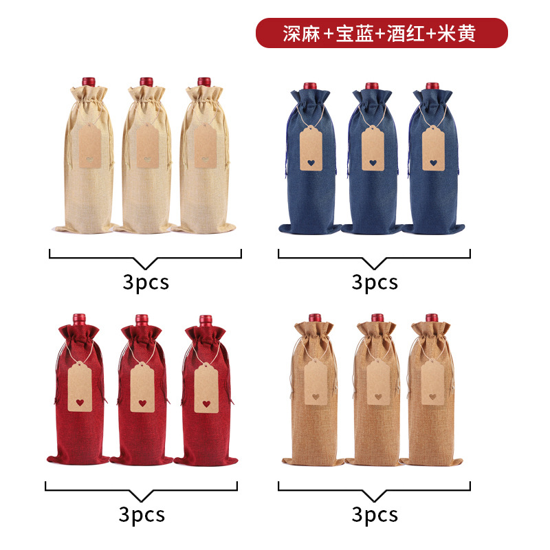 Suministro directo de fábrica bolsa de botella de vino de lino traje ciego degustación de vino botella cubierta de lino etiqueta bolsa de embalaje de vino tinto en stock al por mayor