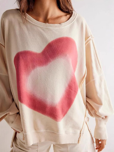 Spring European and American loose long-sleeved drop-shoulder casual printed crew neck open side hoodie