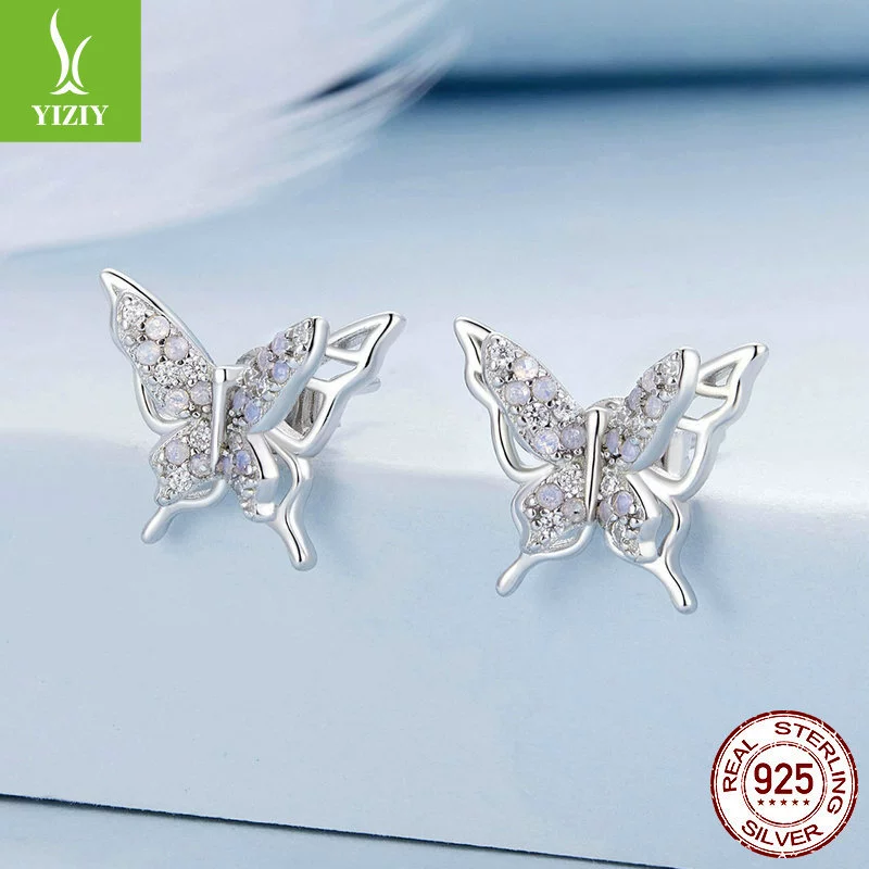 Серьги-гвоздики бабочки (YIZIY) BSE910, 925 серебро с инкрустацией наноопала и циркония