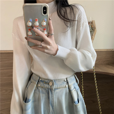 针织衫黑色灯笼袖毛衣女秋冬2025新款打底半高领修身内搭长袖上衣|undefined