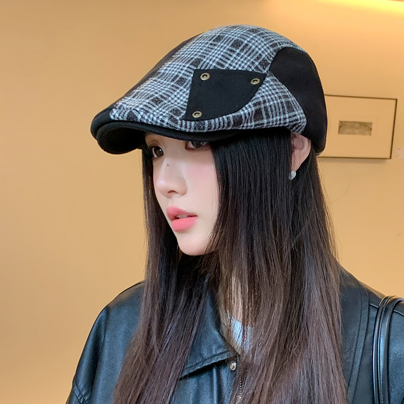英伦复古格纹拼接前进帽秋冬显脸小防风报童帽韩版时尚百搭贝雷帽|undefined