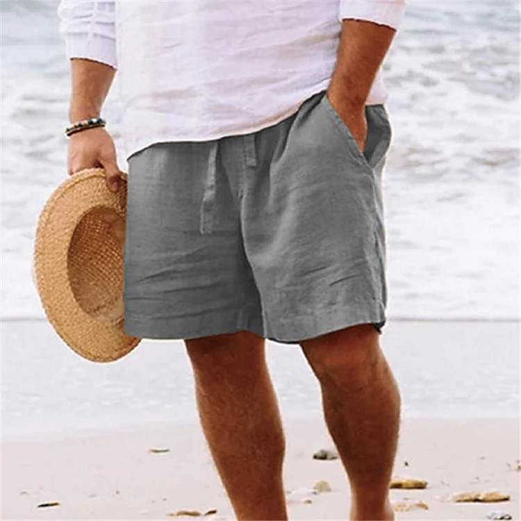 2024 men's summer cotton and linen shorts drawstring elastic waist straight leg solid color breathable beach five casual shorts