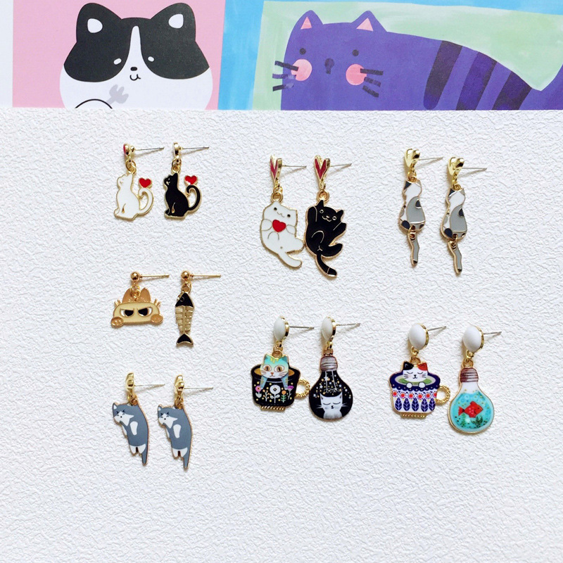 9g Weight Drop Earrings Classification 1 Pair Quantity Daily Occasion Alloy Material Cat Pattern Women'S Gender Enamel Design Cute Style Cute Cat Alloy Enamel Women's Drop Earrings 1 Pair 无