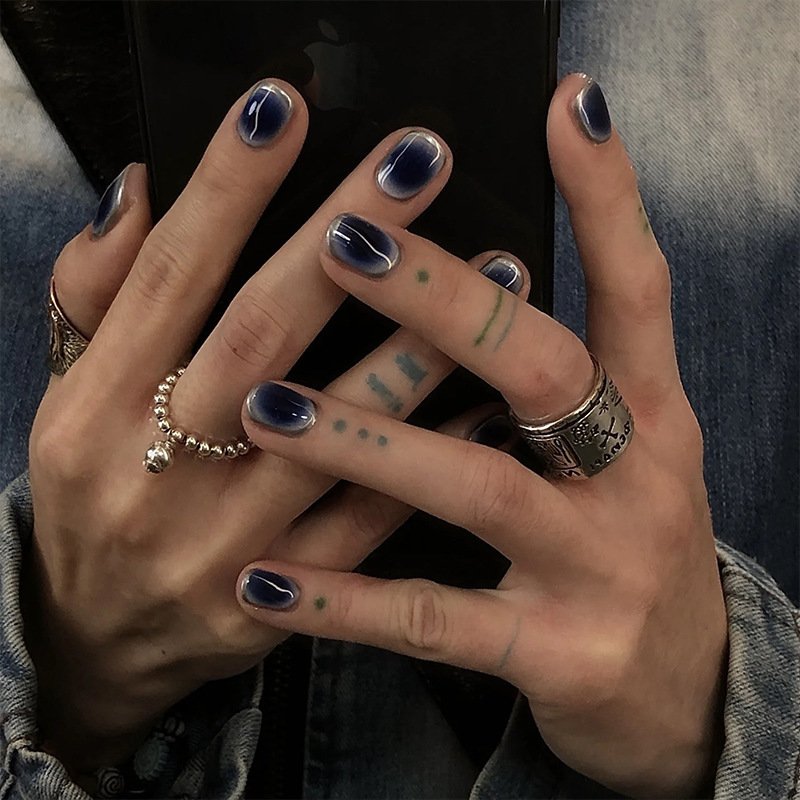 Short Square Translucent Dark Blue High-End Dark Style Wearable Nail Set, Wearable Nails, Fake Nail Patches, Cross-Border Foreign Trade Nail Art