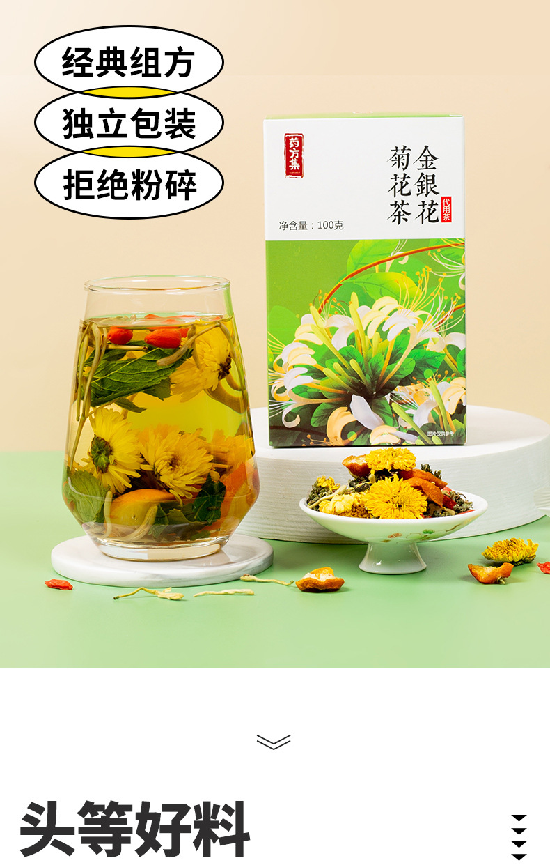 Honeysuckle Chrysanthemum Herbal Tea Blend with Dandelion Goji Berry Mint and Mulberry Leaf 100g Gift Box overview