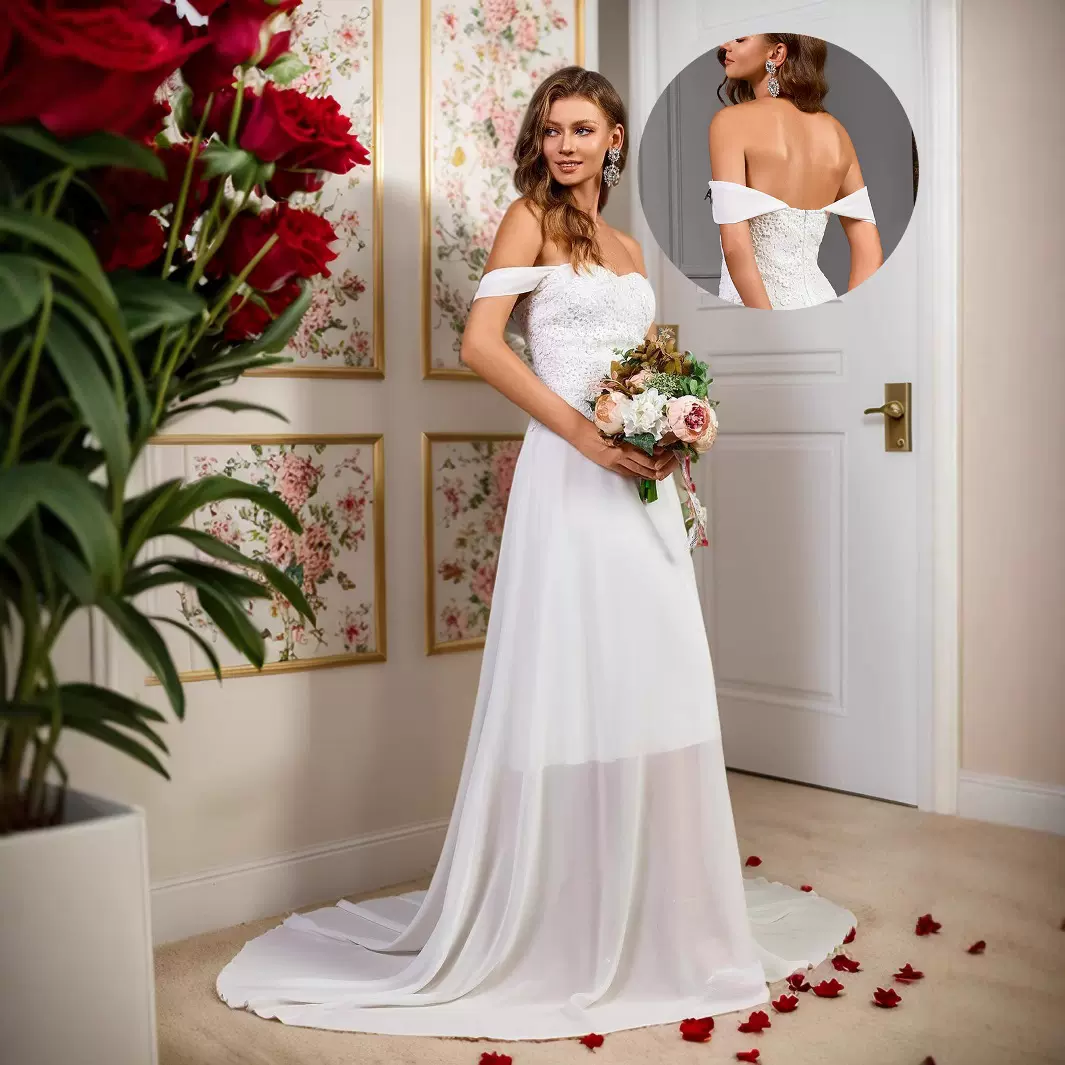 2025夏季新款外贸连衣裙wish亚马逊双肩蕾丝雪纺拼接婚纱礼服