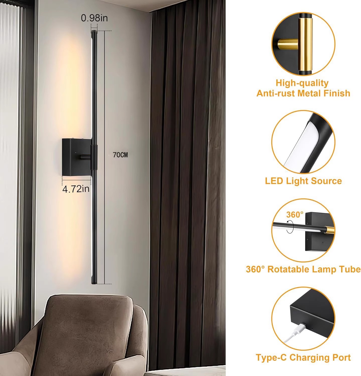 Lámpara de pared recargable especial transfronterizo tira larga luz lujo negro dorado sensor control remoto atenuación sala de estar dormitorio tocador lámpara de pared