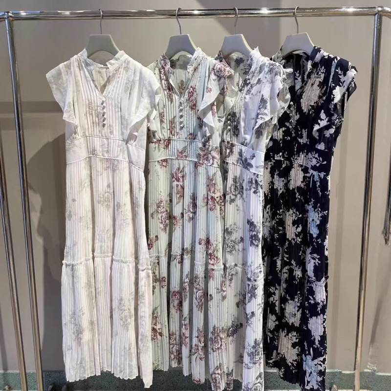 Japanese Style 2026 Summer Printed Small Flutter Sleeve Waist-Cinching Thin Strap Chiffon Pleated Dress Two-Piece Set for Women