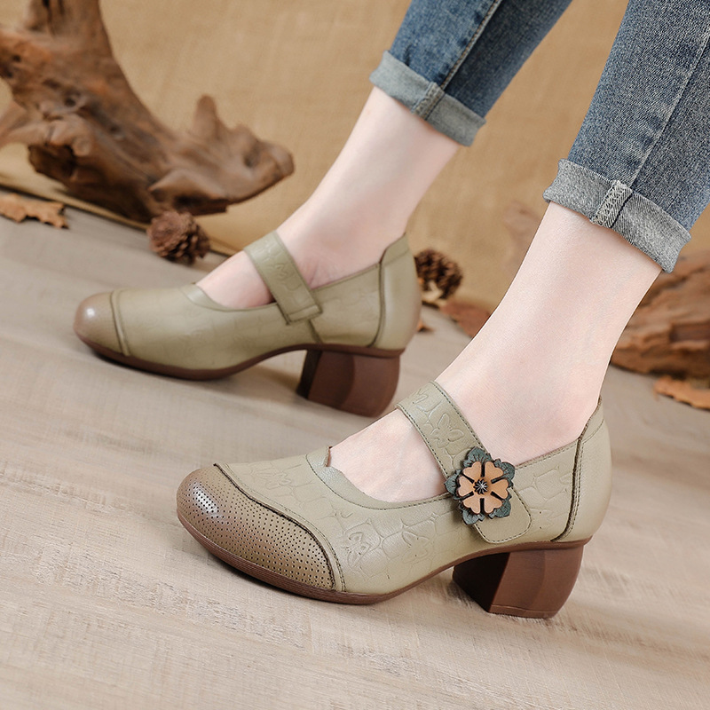 Huaxiyue First-Layer Cowhide Flats 5cm Thick Heel Women's Shoes Soft Sole Soft Pigskin Insole Women's Shoes Comfortable Pumps