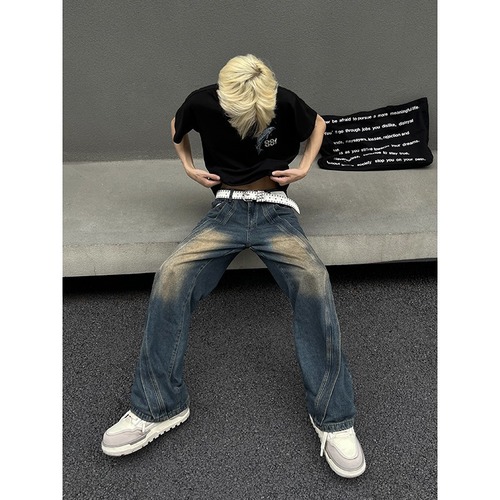 Vintage High Street Men's Summer Thin Straight Leg American Style Blue Retro Fashion Casual Slim Fit Loose Wide Leg Jeans