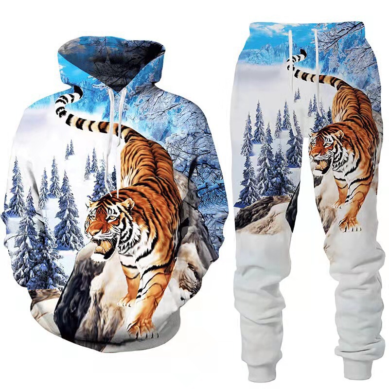 TEMU Amazon European and American Style Menswear 3D Digital Printing Lion Animal Wolf Casual Sports Hoodie suit