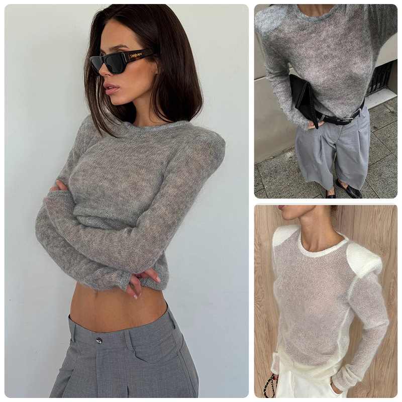 European and American Amazon 2026 New Round-Neck Lightweight Airy Knit Sweater with Semi-Transparent High-End Feel Ins Style European and American Amazon 2026 New Round-Neck Lightweight Airy Knit Sweater with Semi-Transparent High-End Feel Ins Style