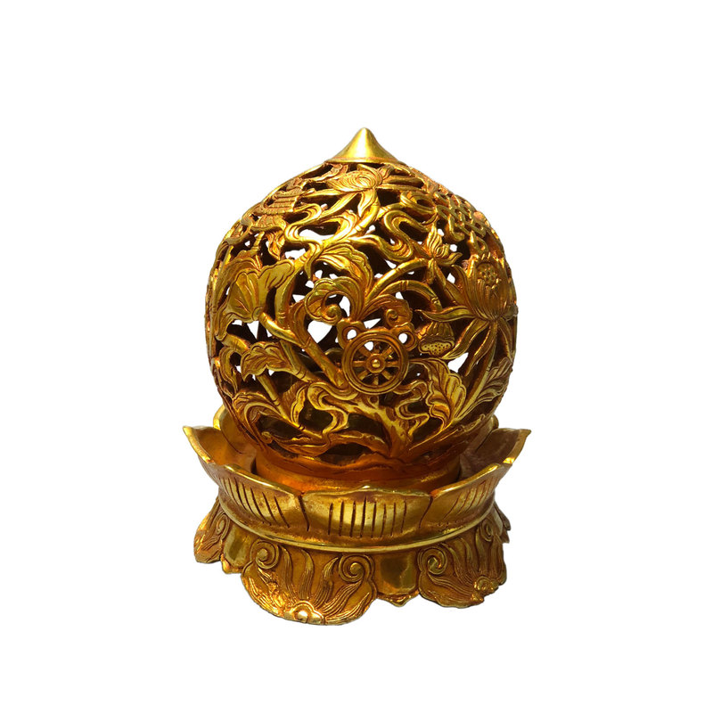 复古黄铜鎏金莲花镂空熏香炉摆件 仿古做旧工艺品 文创市集老物件|undefined