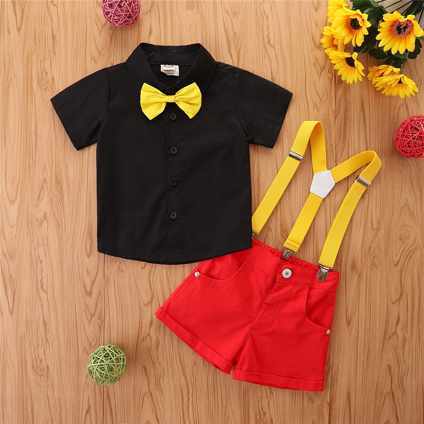 Terno infantil moderno, cor contrastante, camisa preta + macacão, calça vermelha, conjunto de 3 peças_voghion.com