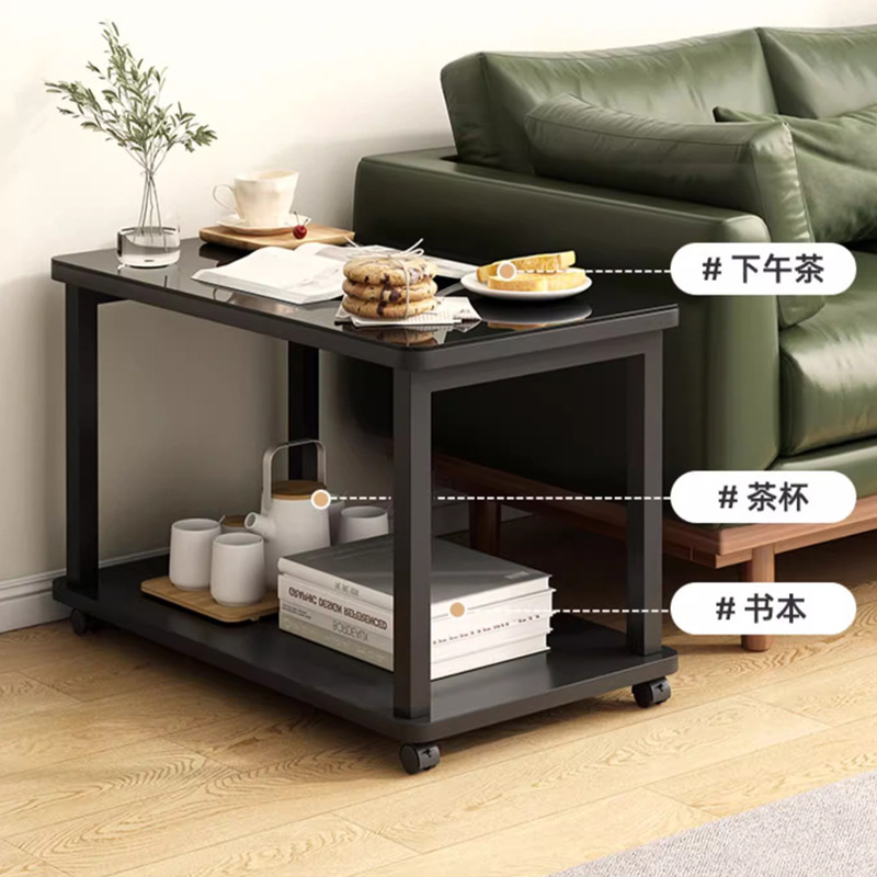 Coffee Table Movable Sofa Side Table Side Cabinet Small Table Living Room Home Mini Tempered Glass Wheeled Storage Rack
