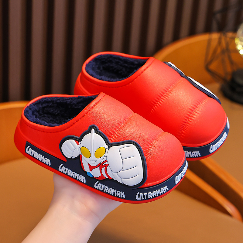 Ultraman Winter Zapatillas de algodón para niños antideslizantes impermeables con forro polar cálido para niños en casa