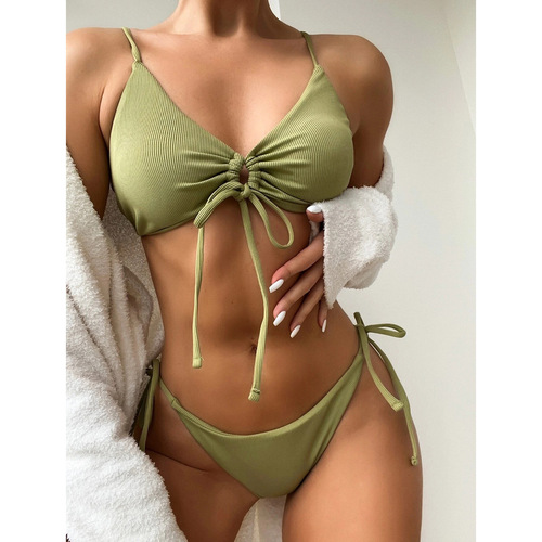 Factory Source Cross-border Europe and America Sexy Triangle Bikini AliExpress Foreign Trade Drawstring Bikini Women's Solid Color Swimwear 