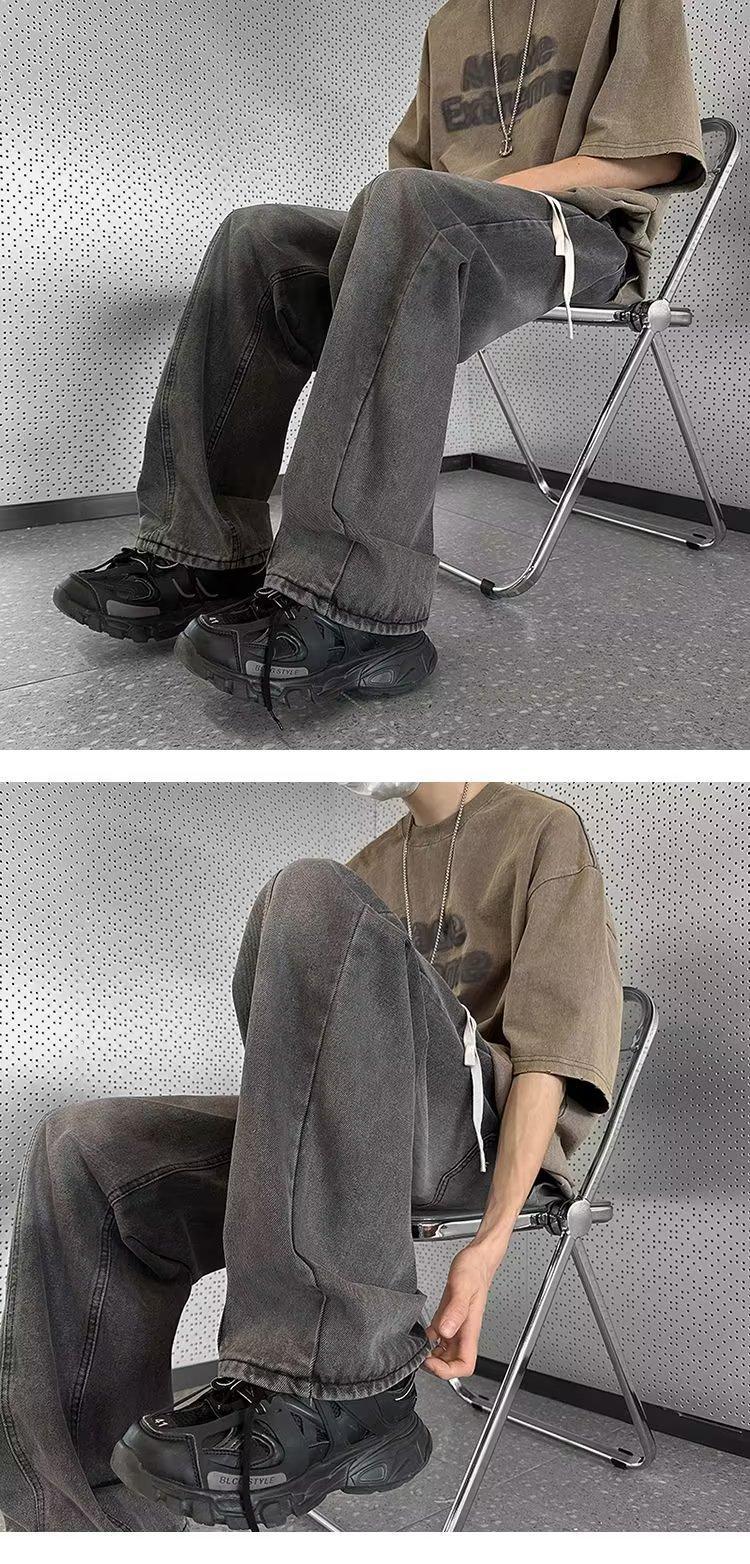 Men's Loose Straight Leg Jeans Style High Street Retro Washed Design Casual Wide Leg Pants Spring Autumn_mkmklike.com