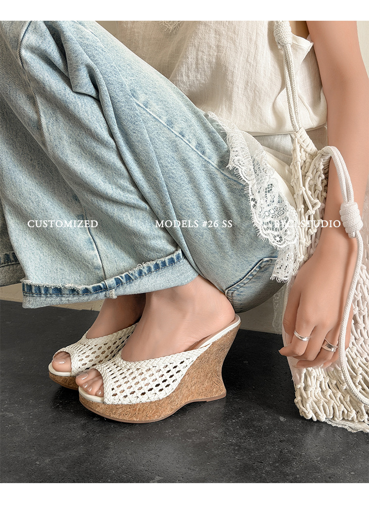 Sandal cao gót nữ đế xuồng mũi hở quai ngang bện đan — màu nâu, màu đen, màu trắng ngà chi tiết 10
