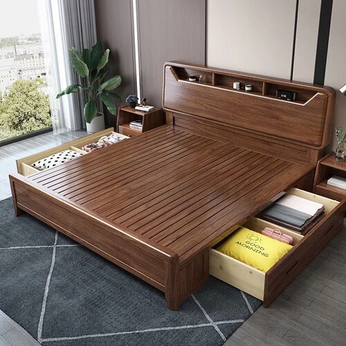 Walnut bed solid wood bed 2 meters wide by 2 meters 2 extra large bed 200×220 double master bedroom new Chinese style wedding bed frame