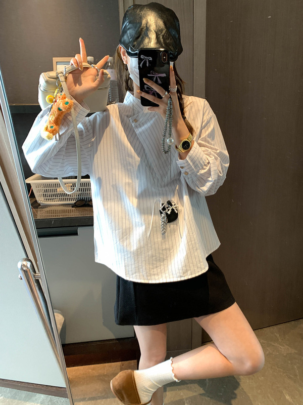 摩且 设计师风格 高智感竖条纹斜门襟设计感气质法式衬衫 MQ0795|undefined