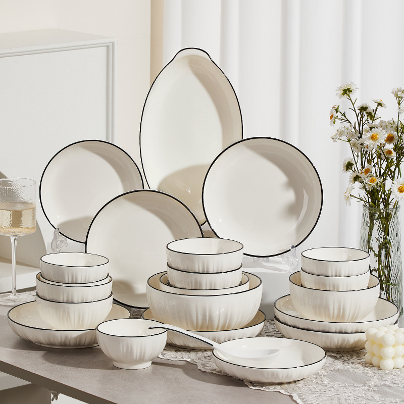 Nordic Underglaze Color Bowl and Plate Set for Home Use, Ceramic Dinnerware Set, Simple Plates with a High-End Feel, Bowls, Plates, Chopsticks, and Saucers