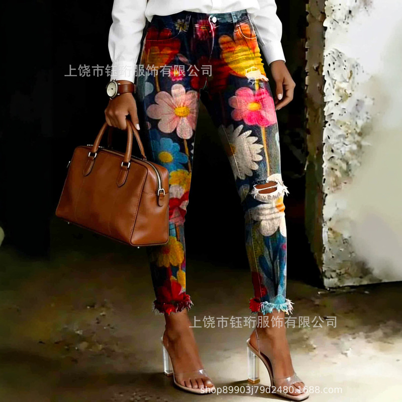 Patterned Digital Print Skinny Pants, Faux Denim Twill Long Pants for Women, Popular Streetwear Women's Pants for Export, Cross-Border Hot-Selling In-Stock Items Patterned Digital Print Skinny Pants, Faux Denim Twill Long Pants for Women, Popular Streetwear Women's Pants for Export, Cross-Border Hot-Selling In-Stock Items