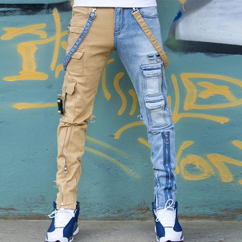 Street Fashion Color-Blocked Workwear Jeans for Men, Straight-Leg Pants, European and American Cross-Border 2026 New Slim-Fit Zippered Workwear Jeans