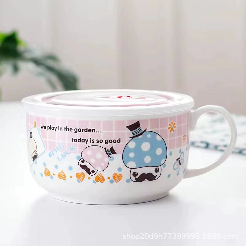 Microwave ceramic noodle bowl with lid and handle, 5.25″ and 6″, cute printed designs