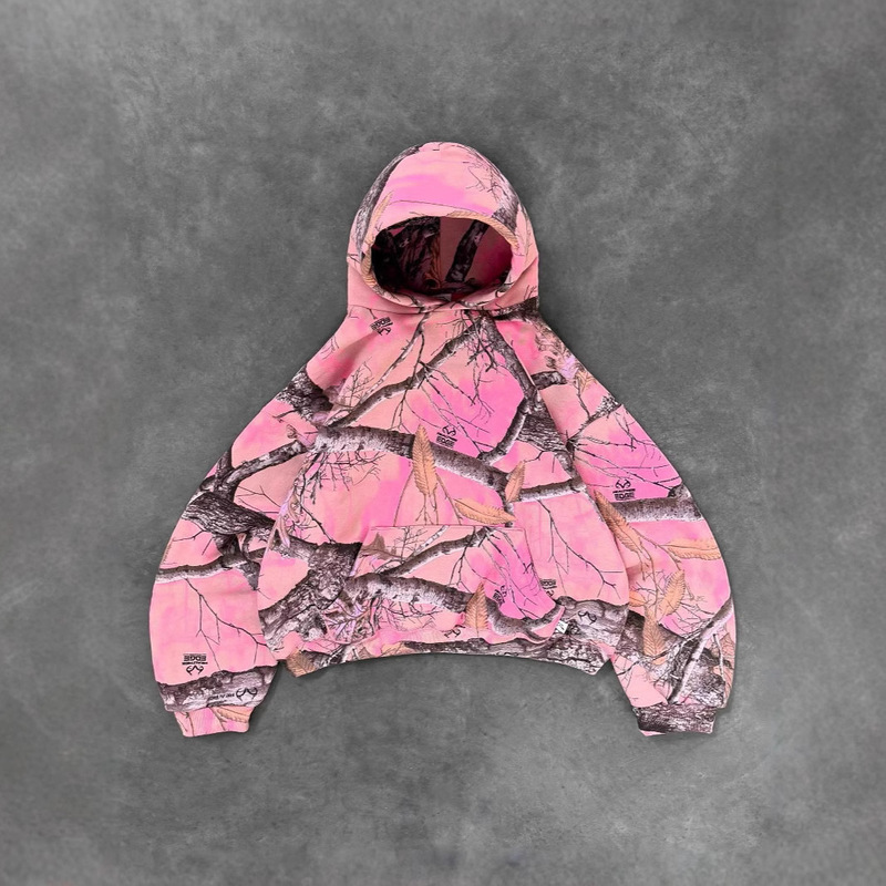 Cross-border New Trendy Brand AKIMBO Pink Leaf Camouflage Printed Hoodie Men's and Women's Retro Casual Street Clothes