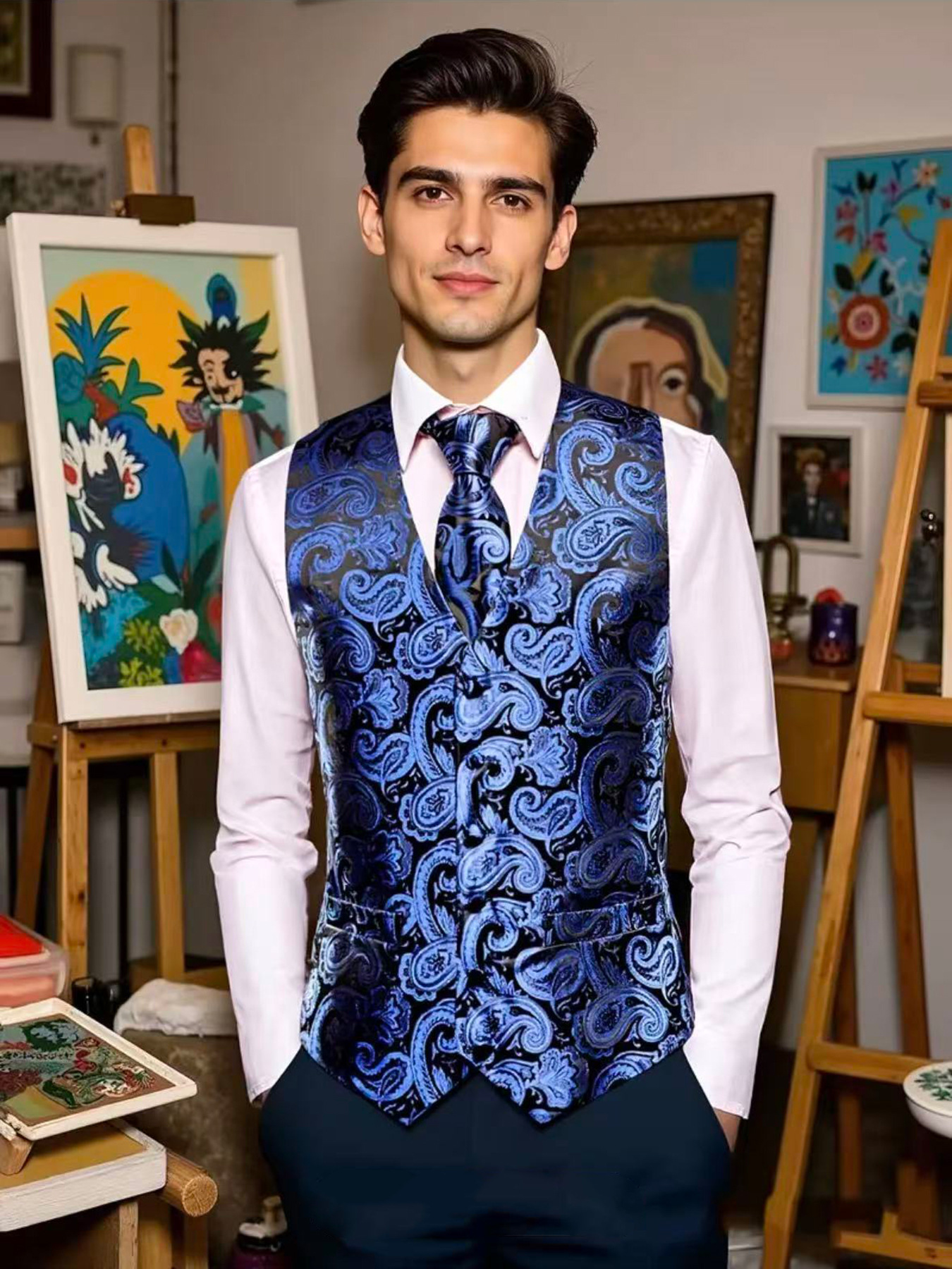 Anzugset mit Weste, Krawatte, Einstecktuch und Manschettenknöpfen im Paisley-Muster für Herren – Business Casual, Hochzeitskleidung_voghion.com