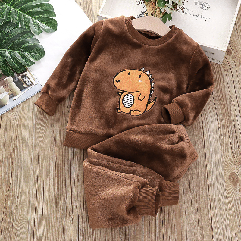 Flannel pajama set dinosaur brown