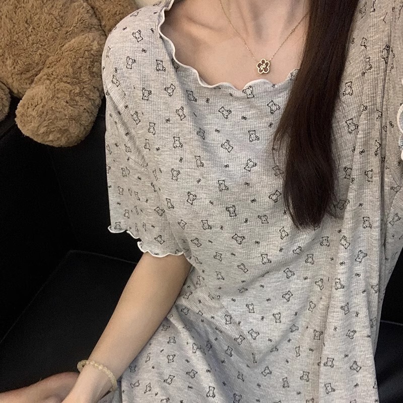 Gray Nightgown with Breast Pads for Women, Summer Cartoon Bear Dress, Mid-Length Pajamas, Home Wear, Girly Style, Casual