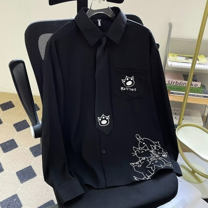 2025 New Spring & Fall Cartoon Cat Print Shirt Men's Casual Bf Style Versatile Shirt Student Dk Uniform