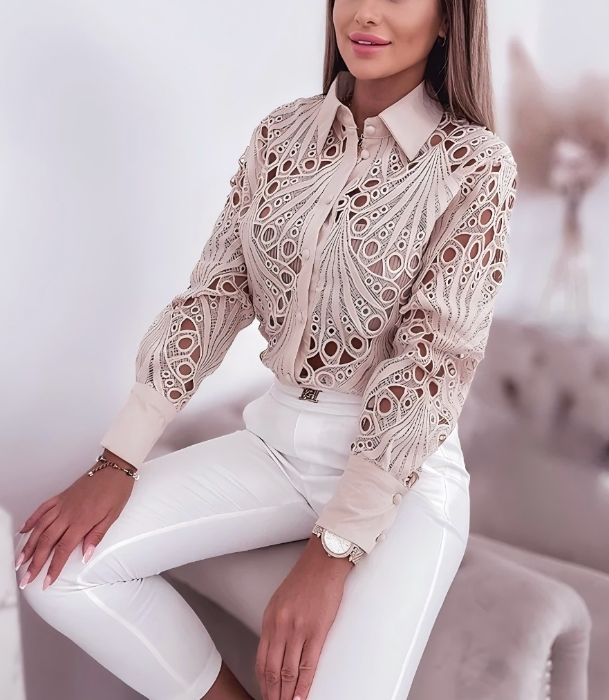 2024 estación independiente wish Amazon estilo caliente primavera y otoño todo fósforo moda de cercanías encaje hueco camisa de manga larga mujer