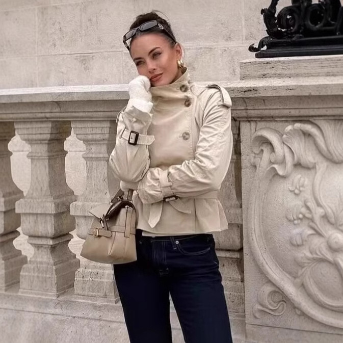 Manufacturer's Ready-Made Foreign Trade Women's Clothing Wholesale 2025 New Long-Sleeved Lace-Up Waist Slanted Placket Double-Breasted Short Jacket