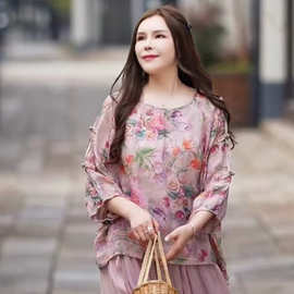 2025夏季新款苎麻印花T恤衫女文艺时尚盘扣圆领宽松套头衬衣小衫