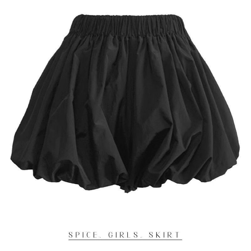 ウエストゴムふわふわ花のつぼみスカート女性のファッショナブルな年齢軽減ハイウエストスリム甘い和風黒ショートパンツ|undefined