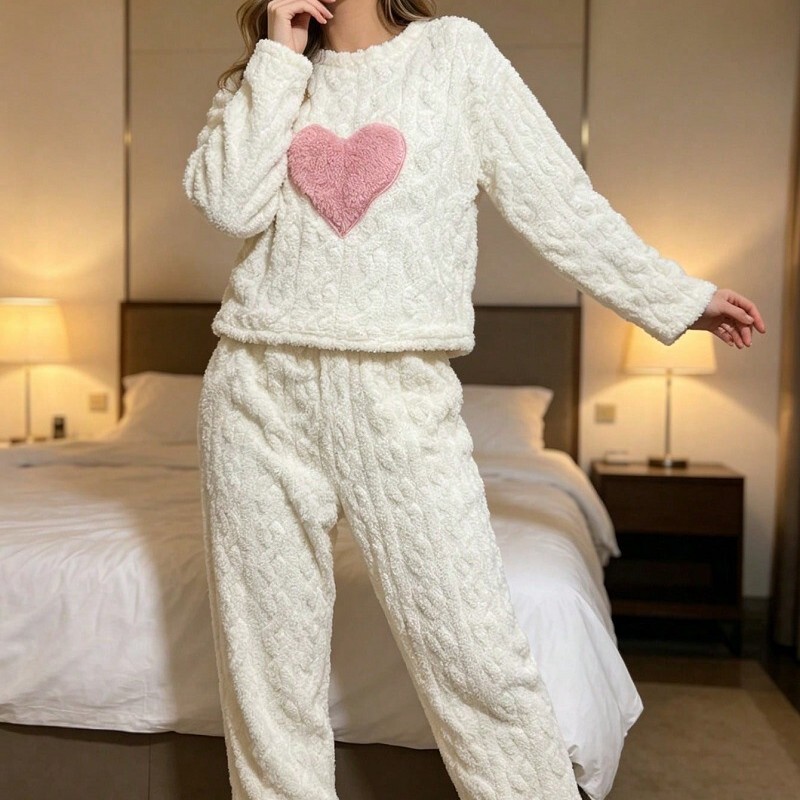 Women's plush two-piece pajama set with pink heart-shaped patchwork long-sleeve top and wide-leg pants, soft loungewear Women's plush two-piece pajama set with pink heart-shaped patchwork long-sleeve top and wide-leg pants, soft loungewear