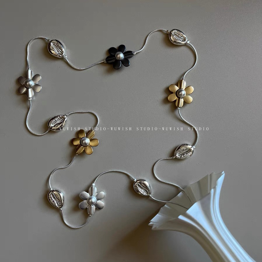 55g Weight Electroplated Gold Plating Process Golden Plated Plating Material Alloy Pendant Material Long Necklace Classification Alloy Chain Material Alloy Material Flower Pattern Trendy Bohemian Floral Metal Long Necklace Sweater Chain Waist Chain Color Block Design Elegant Unisex Jewelry Accessory 6
