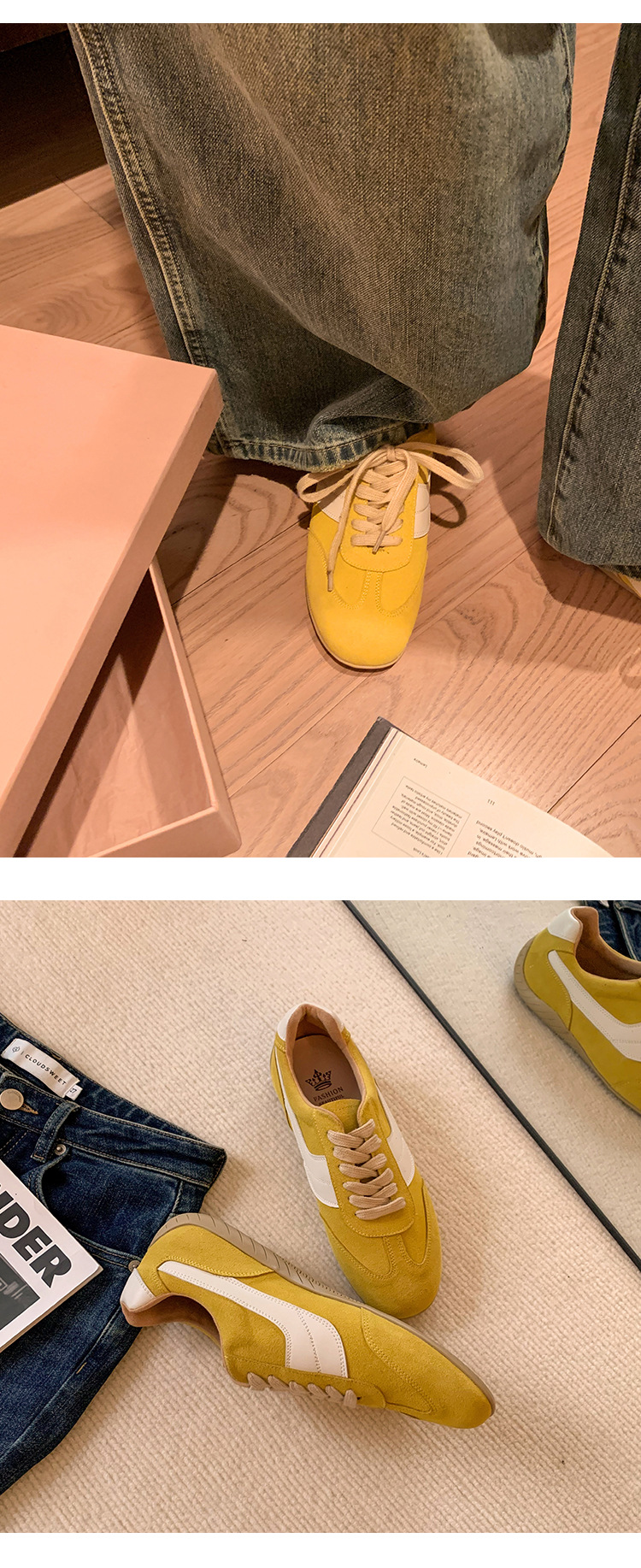 Giày sneaker nữ đế bệt mũi tròn dây buộc da thật phối màu phong cách Đức — Màu nâu chi tiết 27