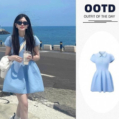 蓝色polo领连衣裙夏季设计感小众收腰a字短裙小个子气质甜美穿搭