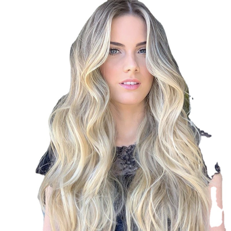 Peluca europea y americana Peluca de las mujeres de pelo largo rizado de oro peinado largo onda grande mullido fibra química peluca cabeza cubierta